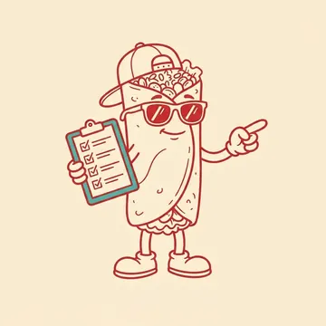 Burrito mascot holding a checklist